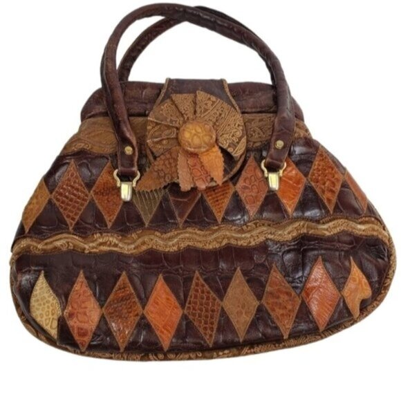 Vintage Leather Patchwork Shoulder Bag Brown Boho Flower Child Festival - Picture 1 of 14